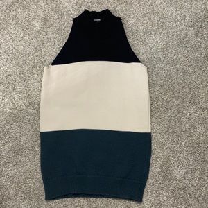Blue and white striped mock neck sleeveless sweater